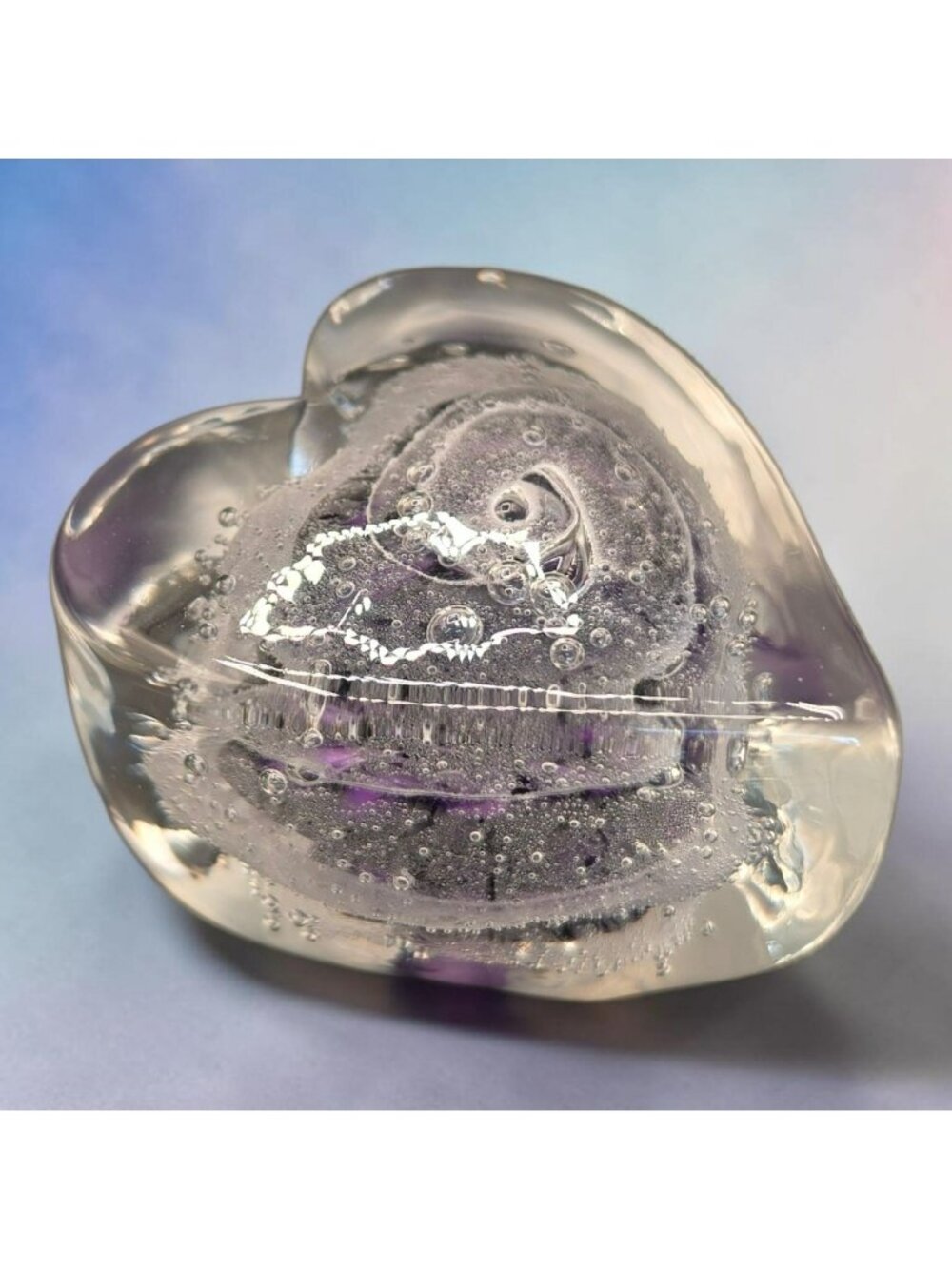 Signed Rollin Karg Heart Glass Paperweight With Purple Swirl Design